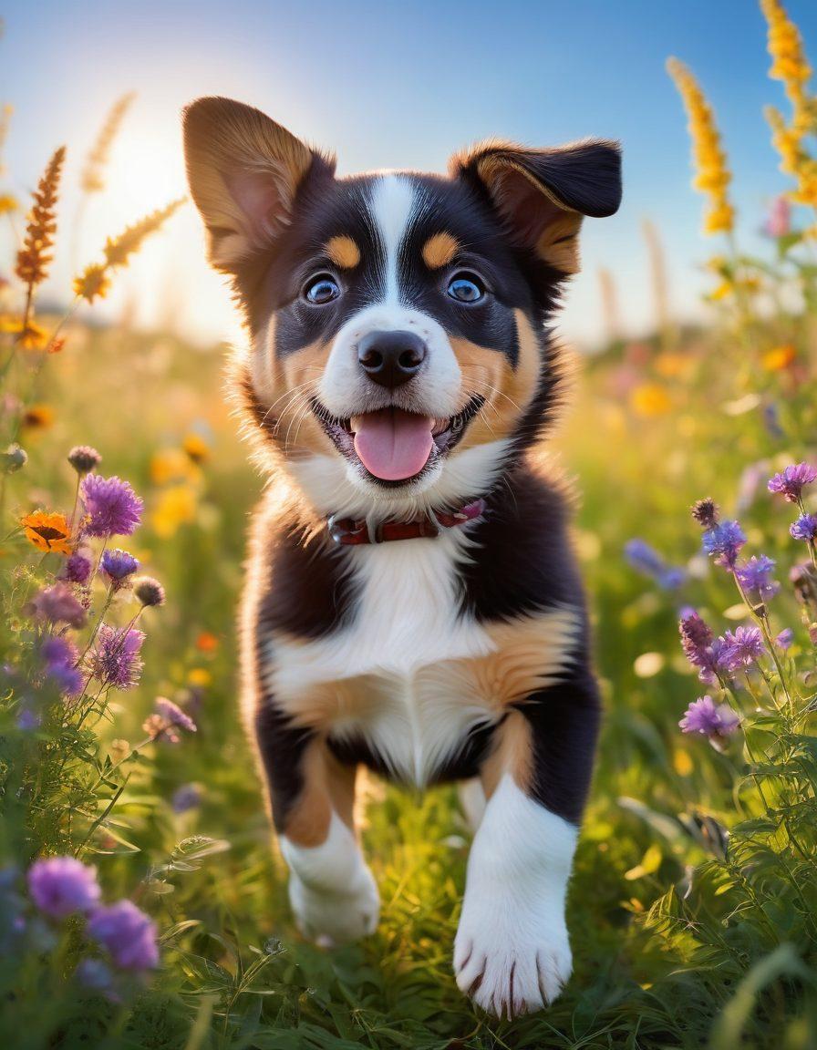 A joyful puppy playing in a sunlit meadow, surrounded by vibrant wildflowers, with a background of soft blue skies. Capture the dog's expressive eyes and wagging tail in a candid moment, showcasing the pure joy of companionship. Include playful elements like butterflies fluttering around and a gentle breeze creating a whimsical atmosphere. super-realistic. vibrant colors. natural light.