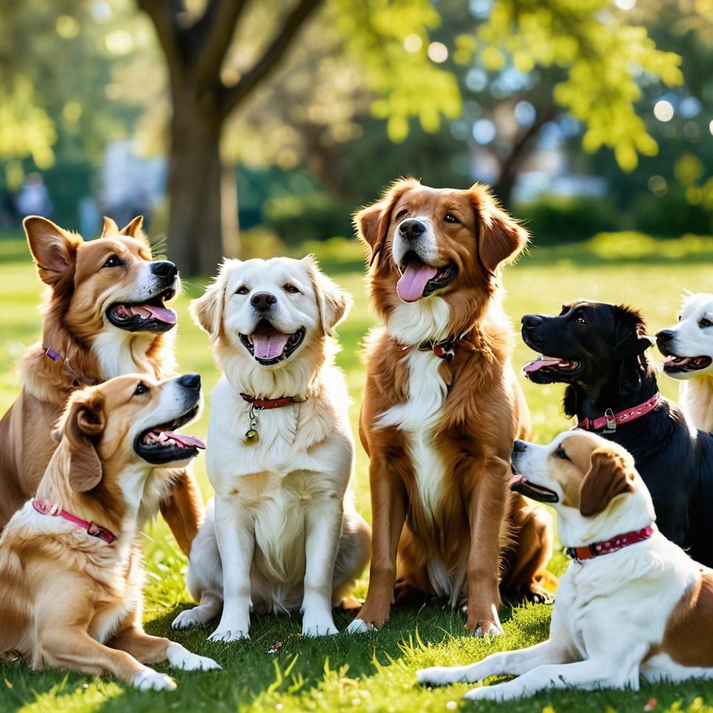 A heartwarming scene capturing a diverse group of dogs of various breeds, playfully interacting in a sunlit park. The focus is on their expressive faces and joyful antics, surrounded by blooming flowers and green grass, creating a vibrant atmosphere. Include a few owners nearby, smiling and enjoying the moment, showcasing the bond between humans and their furry companions. super-realistic. vibrant colors. soft bokeh background.