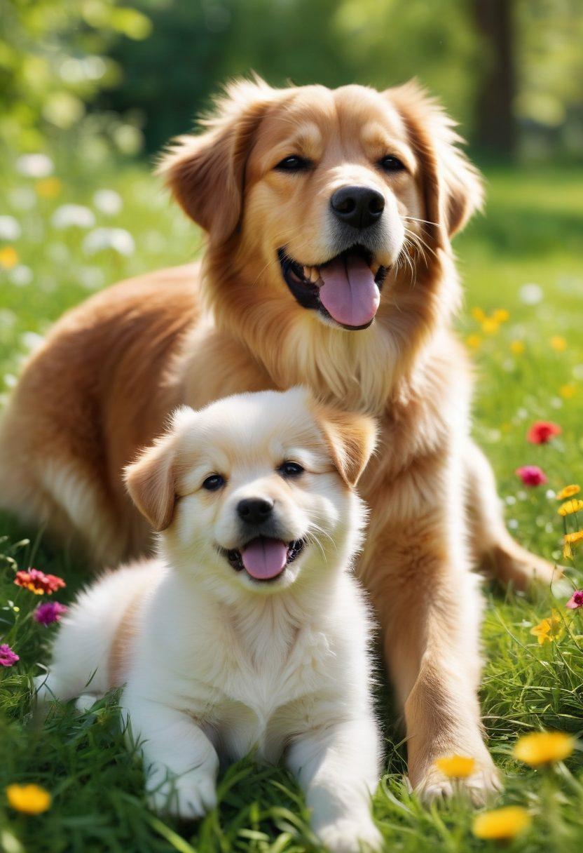 A joyful scene featuring a variety of adorable dogs and puppies playing together in a sunlit park, with lush green grass and colorful flowers around. Capture their playful antics, wagging tails, and smiling faces that radiate happiness. Include a couple of dogs cuddling with each other, showcasing affection. The overall atmosphere should be warm and inviting, evoking a sense of joy and love for these furry companions. vibrant colors. super-realistic. soft focus.